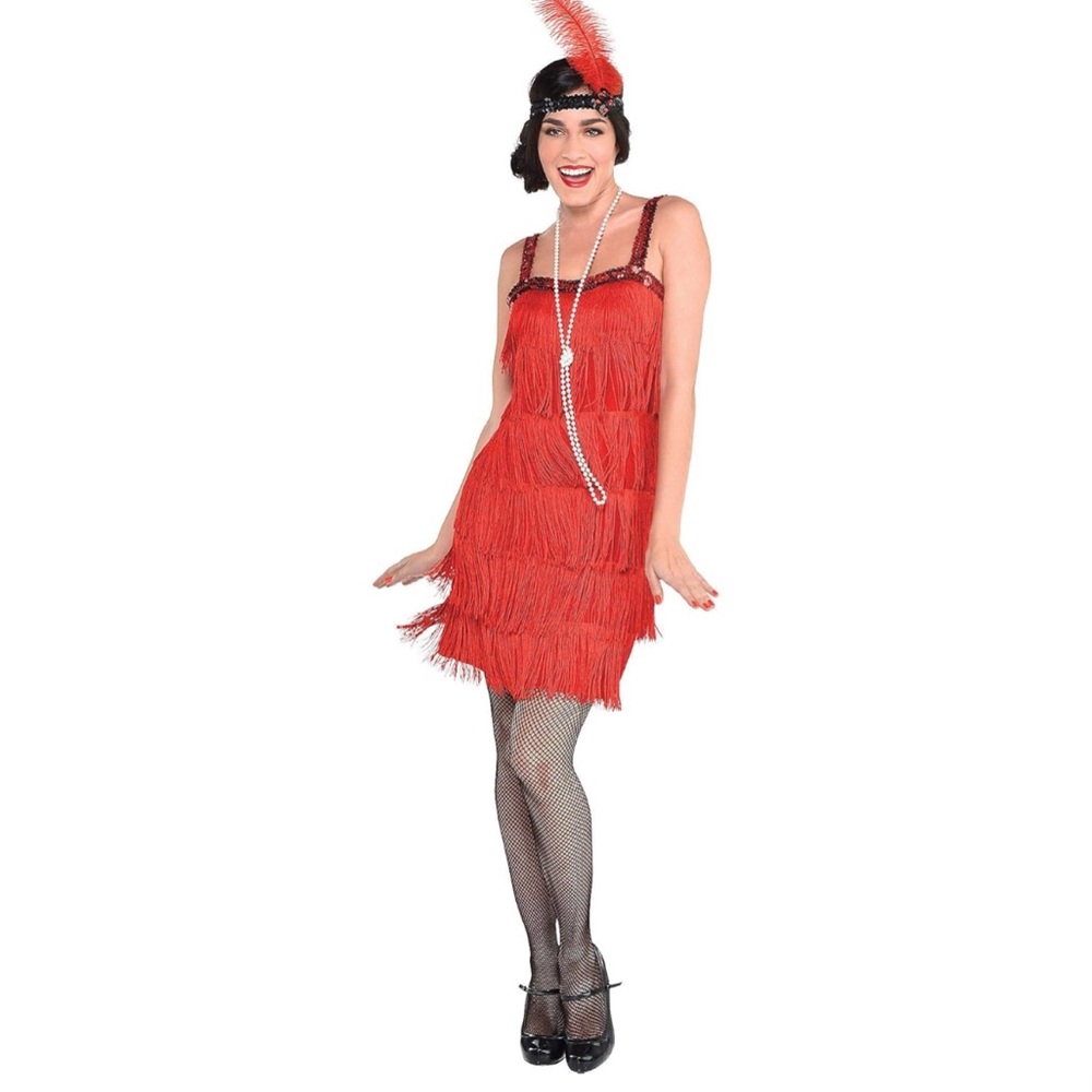 Red Fringe Flapper Dress and Accessories - Picture 2 of 5